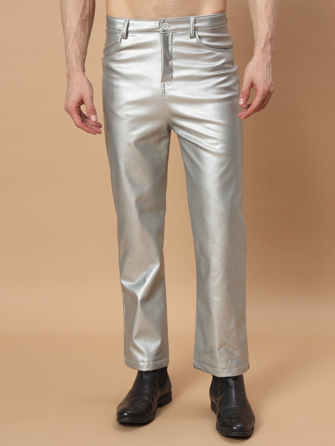 TANDUL Men Regular Fit Silver Faux Leather Trousers