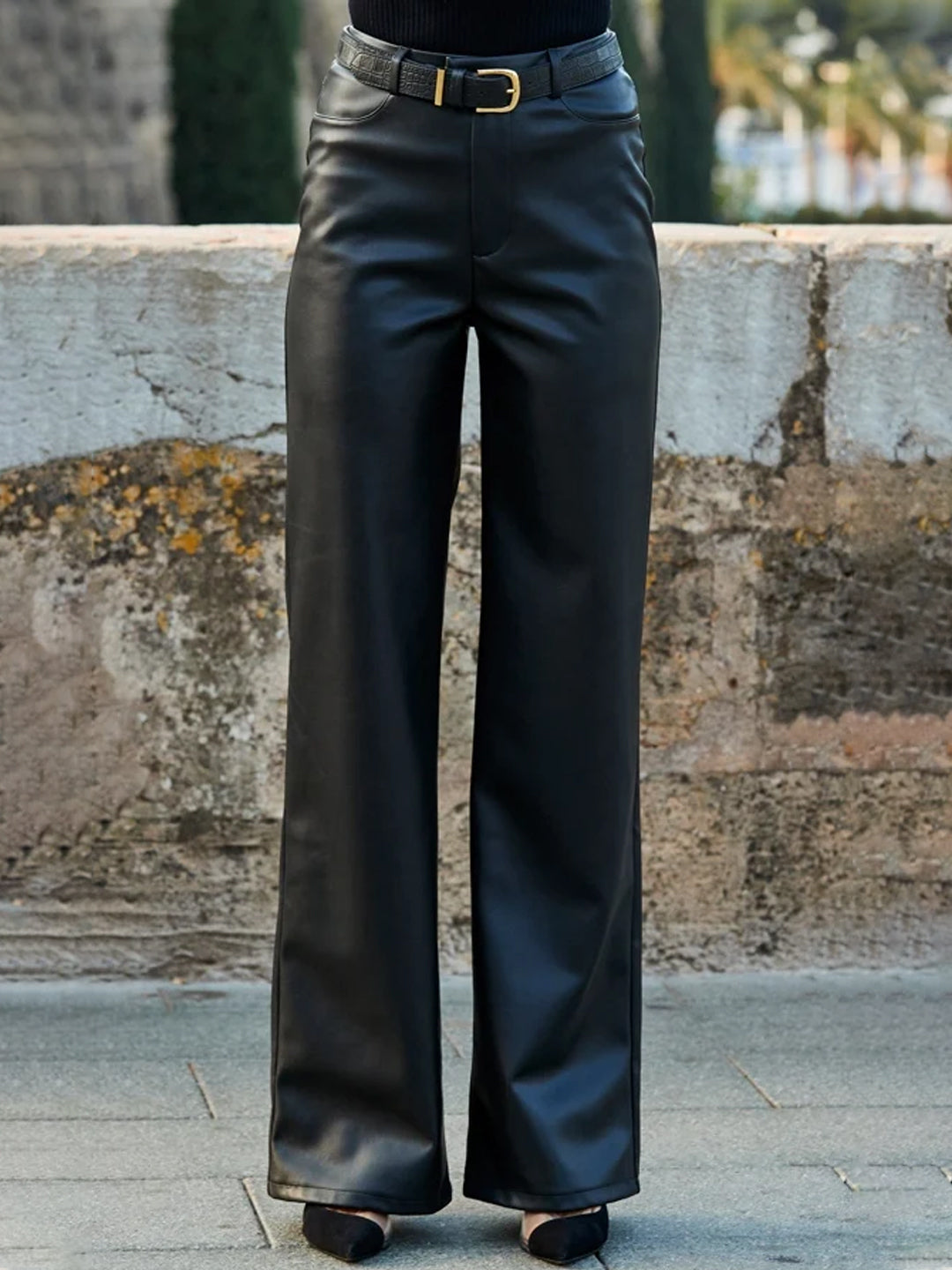 TANDUL Women Regular Fit Black Faux Leather Trousers