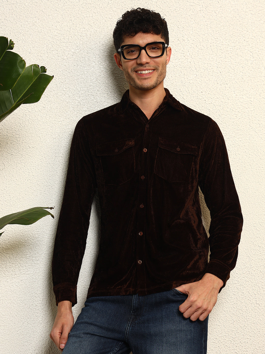 TANDUL Men's Brown Velvet Shirt