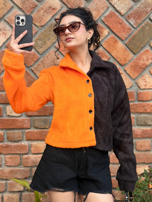 TANDUL Women Striking Orange and Black Fur Jacket