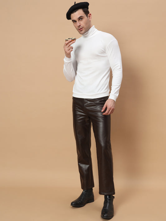TANDUL Men Regular Fit Brown Faux Leather Trousers