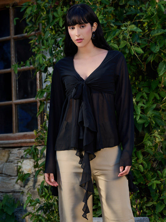 TANDUL Elegant Black Ruffled Top