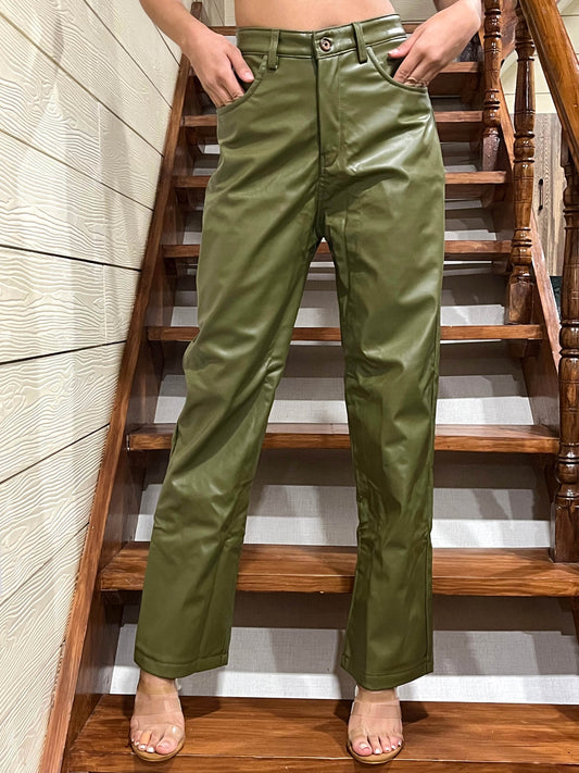 TANDUL Women Regular Fit Olive Green Leather Trousers