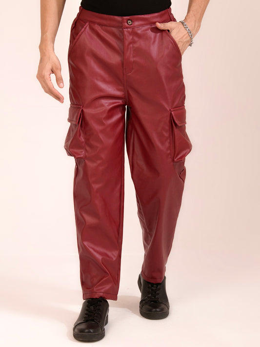 TANDUL Men Regular Fit Maroon Faux Leather Trousers
