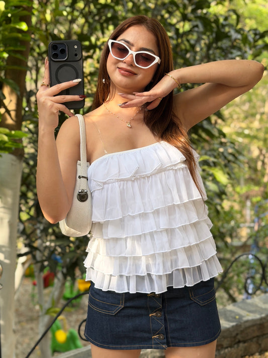 TANDUL Women White Delicate Ruffles Top