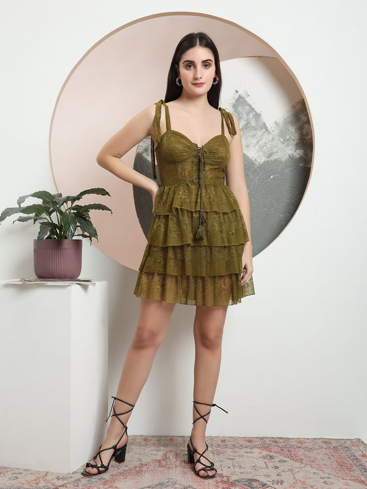 TANDUL Women Elegant Green Ruffled Dress