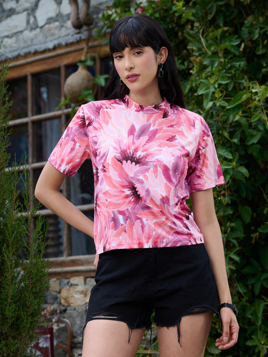 TANDUL Women Pink Feathers Printed T-shirt