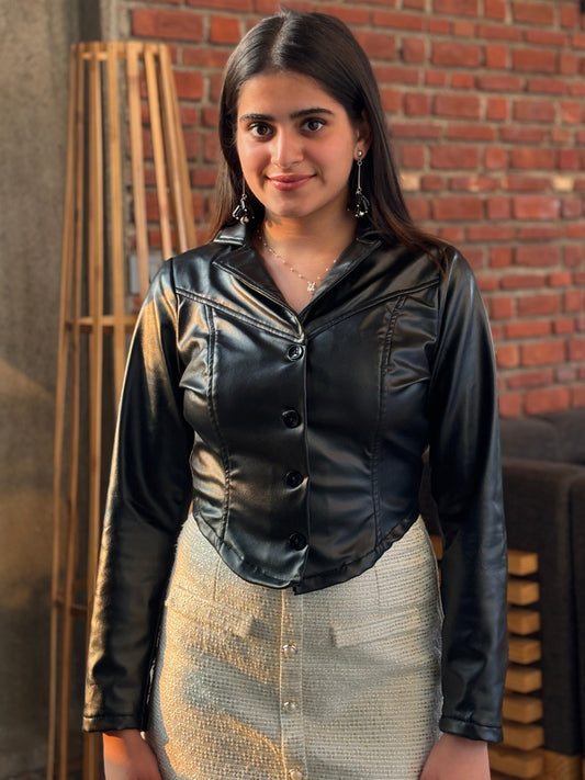 TANDUL Women Sleek Black Crop Leather Jacket