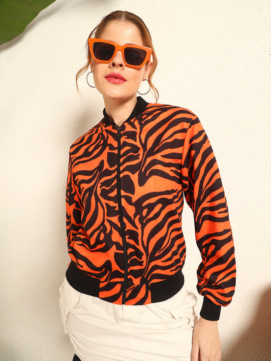 TANDUL Women Striking Orange and Black Zebra Print Jacket