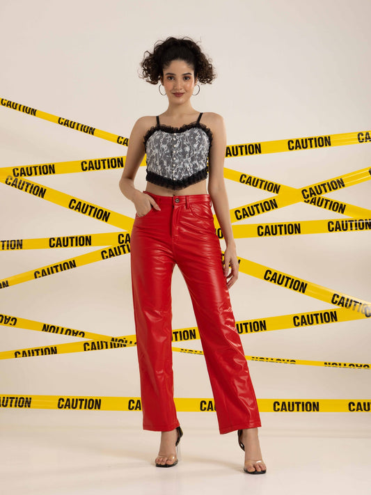 TANDUL Women Regular Fit Red Faux Leather Trousers