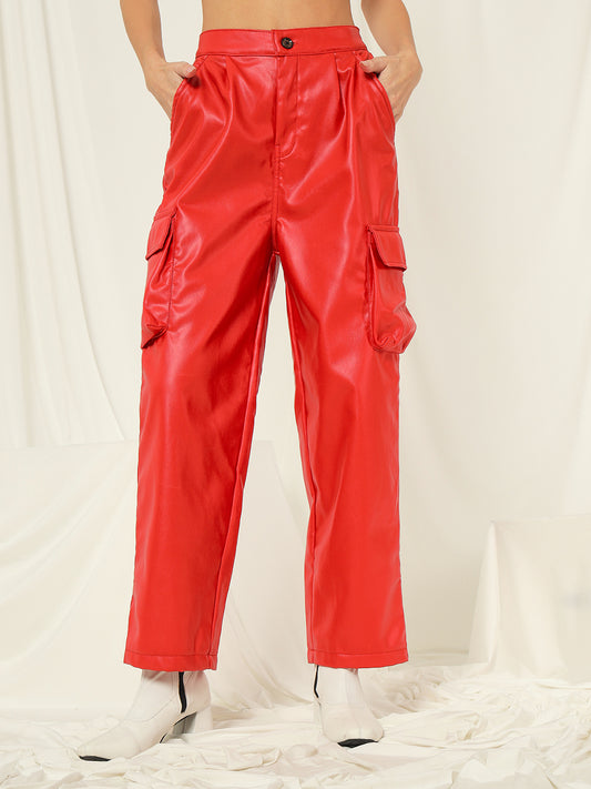 TANDUL Women Regular Fit Red Faux Leather Trousers