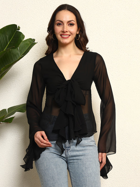 TANDUL Elegant Black Ruffled Top