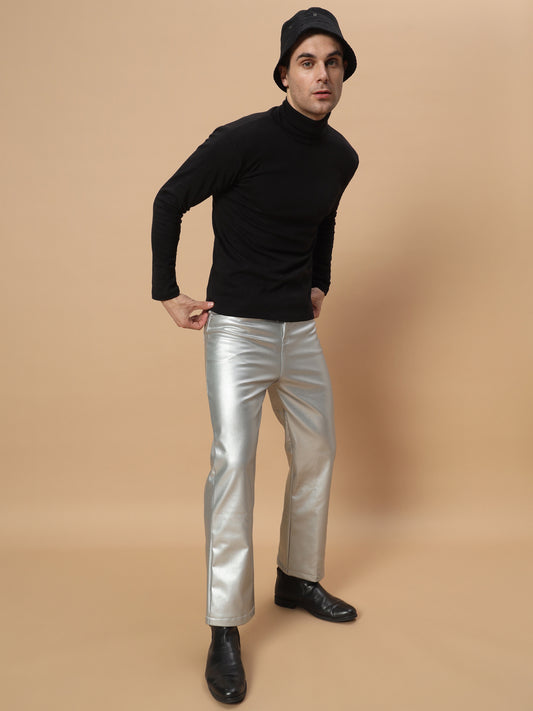 TANDUL Men Regular Fit Silver Faux Leather Trousers