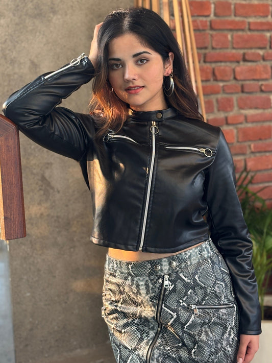 TANDUL Women Sleek Black Leather Jacket