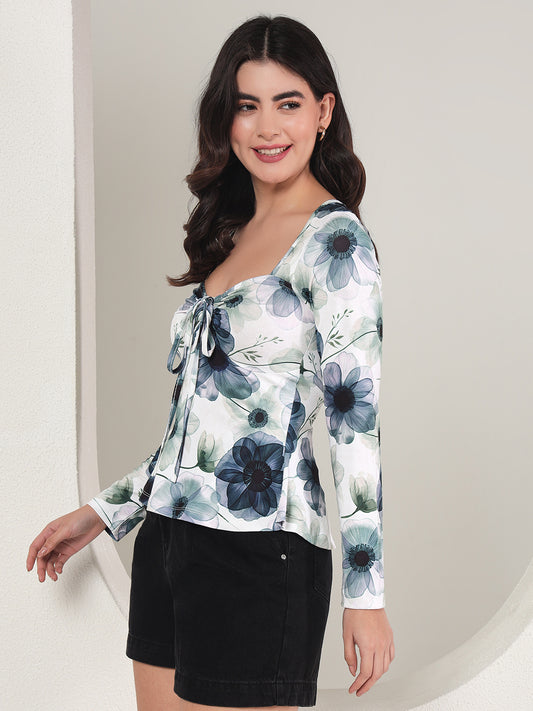 TANDUL Casual Regular Sleeves Floral Print Women White Top