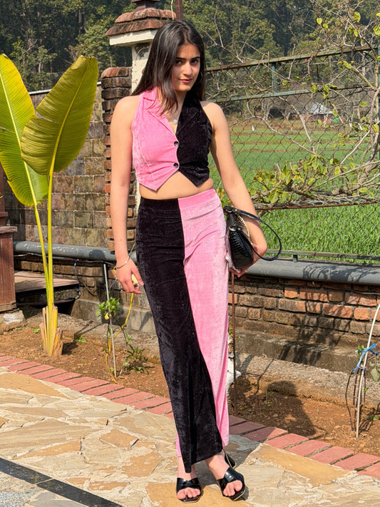 TANDUL Women Pink and Black Velvet Co-ord Set