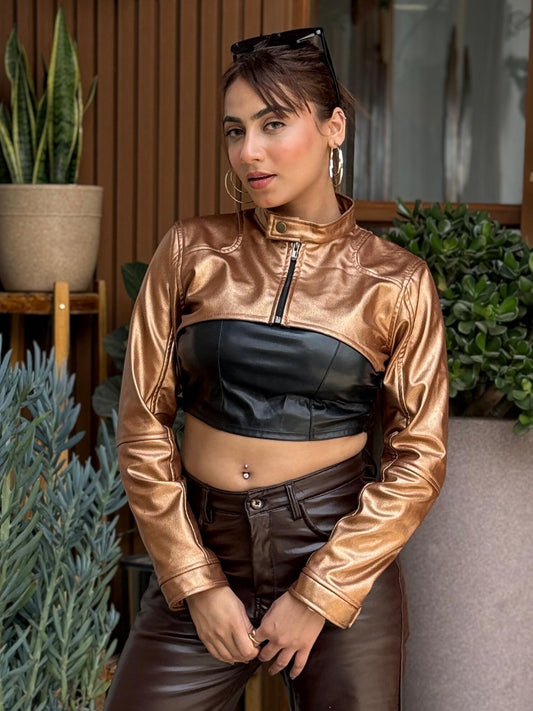 TANDUL Women Golden Crop Leather Jacket