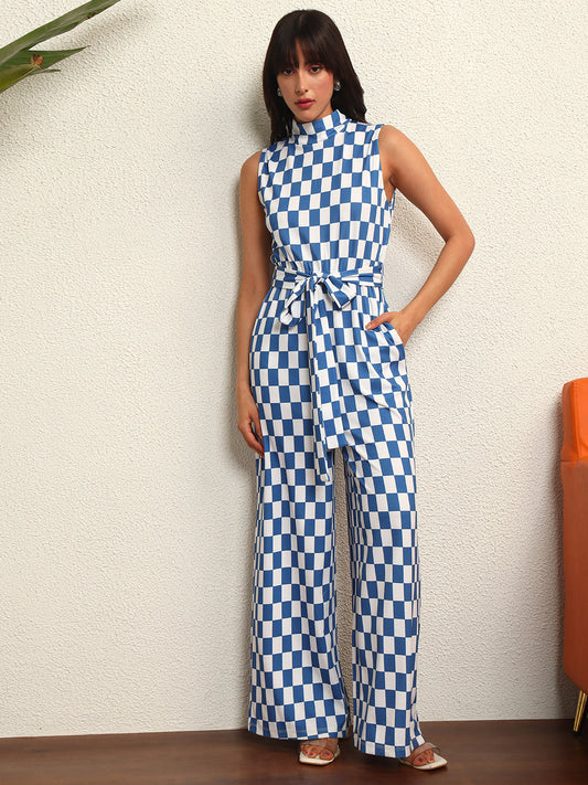 TANDUL Women Stylish Blue and White Checkered Jumpsuit