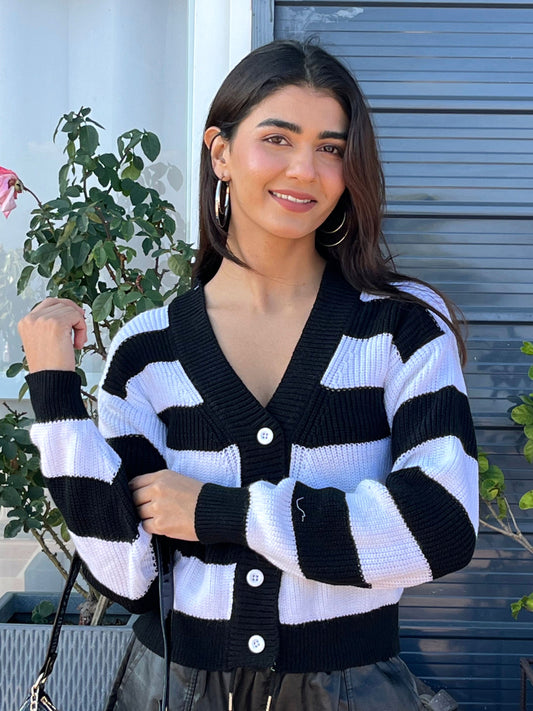 TANDUL Women Charming Black and White Striped Sweater