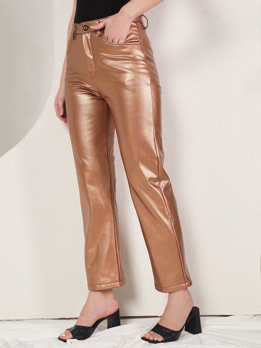 TANDUL Women Regular Fit Brown Faux Leather Trousers