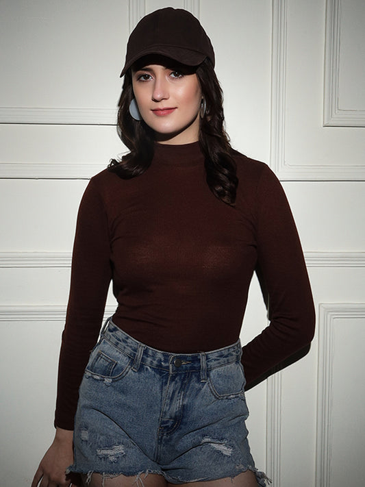 TANDUL Women Solid High Neck Brown Sweater