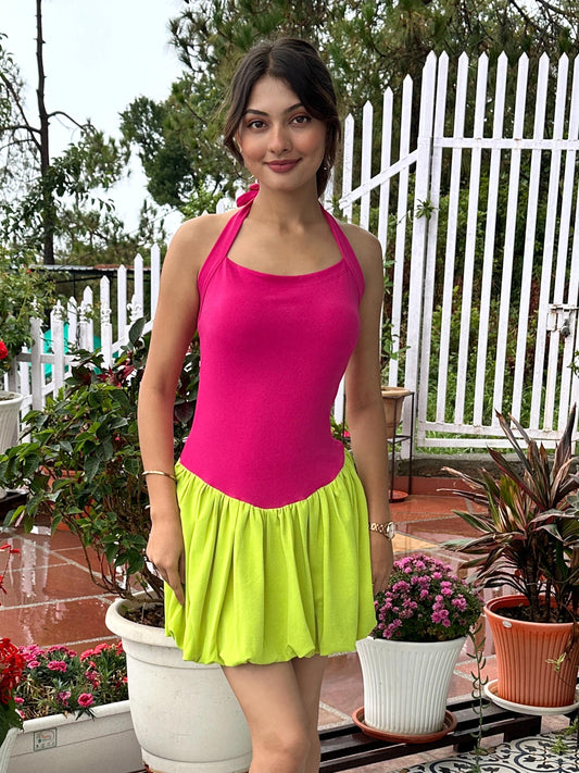TANDUL Women Vibrant Pink and Green Balloon Dress