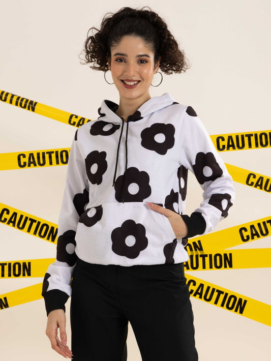 TANDUL Women Black and White Floral Hoodie