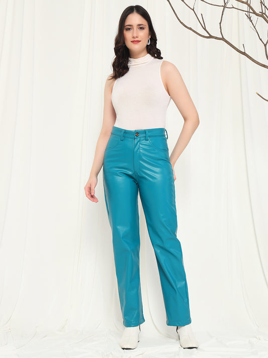 TANDUL Women Regular Fit Light Blue Faux Leather Trousers