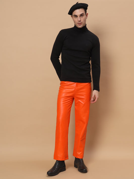 TANDUL Men Regular Fit Orange Faux Leather Trousers