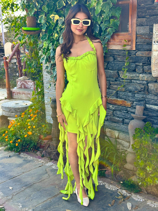 TANDUL Vibrant Neon Green Frills Dress