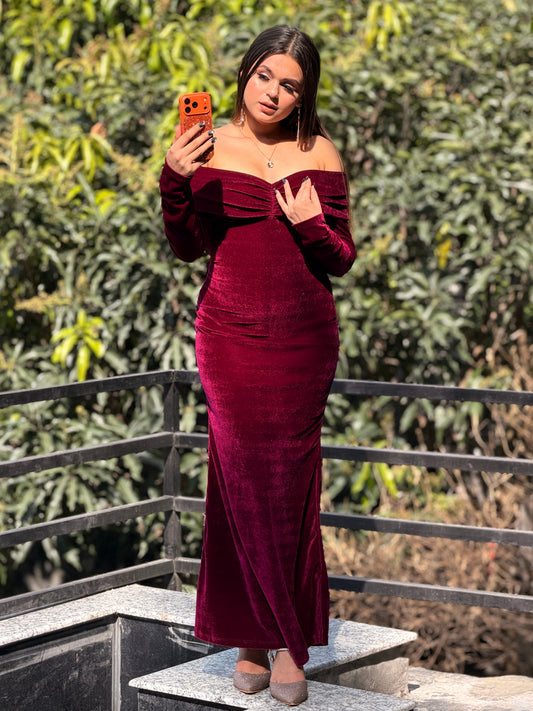 TANDUL Women Elengant Off Shoulder Maroon Velvet Dress