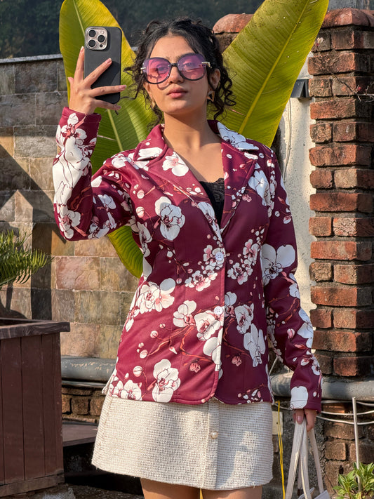 TANDUL Women Maroon Floral Printed Blazer