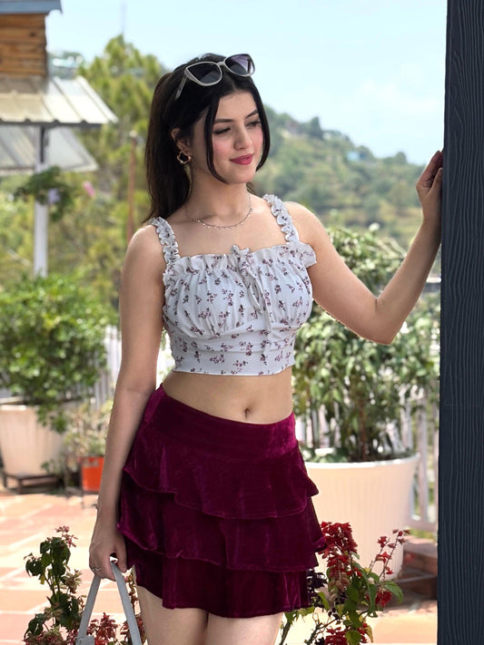 TANDUL Women Wine Color Velvet Skirt