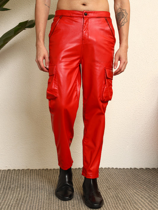 TANDUL Men Regular Fit Red Faux Leather Trousers