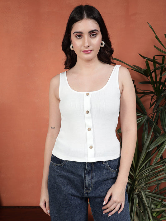 Casual Sleeveless Solid Women White Top