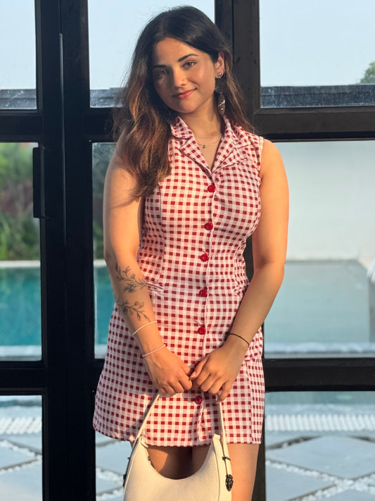 TANDUL Women Charming Red and White Checkered Dress
