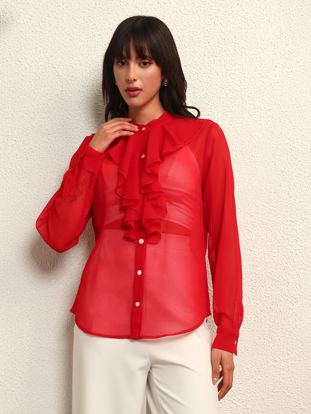 TANDUL Elegant Red Ruffled Detailed Shirt