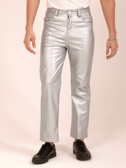 TANDUL Men Regular Fit Silver Faux Leather Trousers
