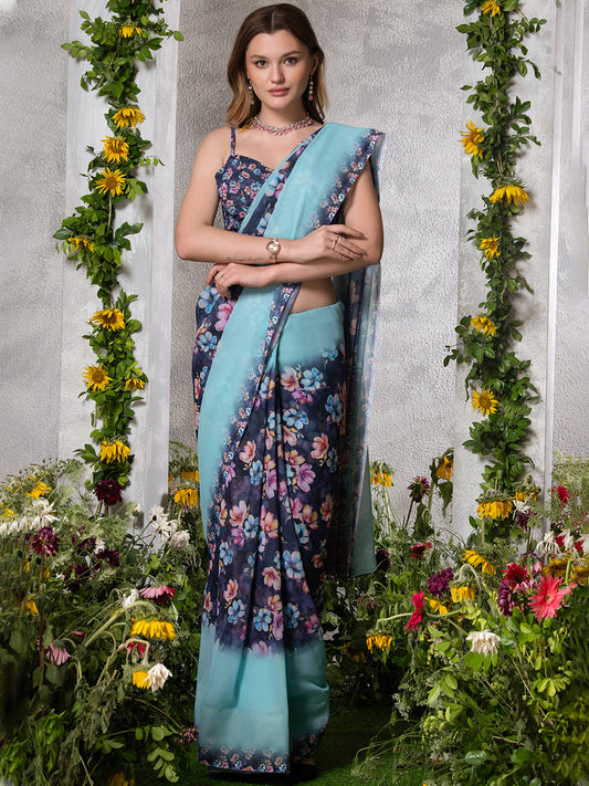 ELTIRE Floral Print Bollywood Georgette Saree (Blue)