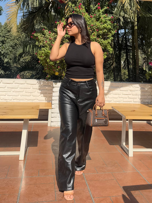 TANDUL Women Regular Fit Black Faux Leather Trousers