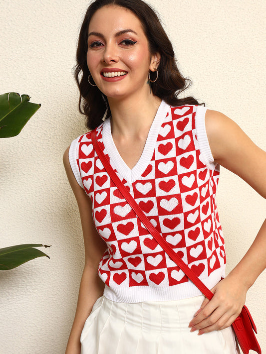 TANDUL Women Charming Red and White Heart Patterned Sweater