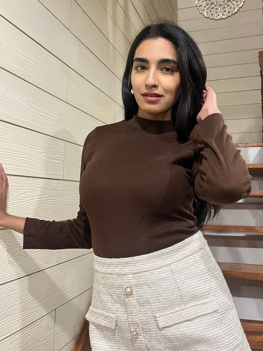 TANDUL Women Solid High Neck Brown Sweater