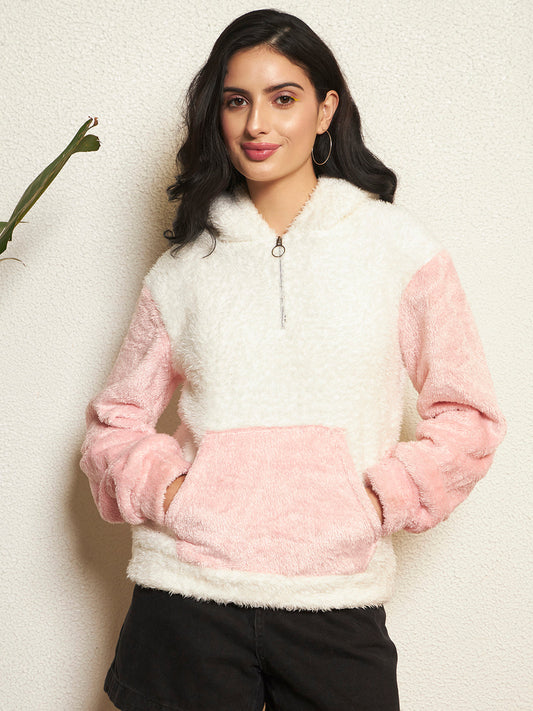 TANDUL Women Solid White and Pink Fur Hoodie