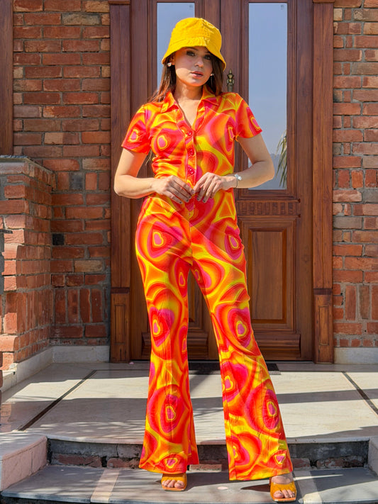 TANDUL Women Vibrant Orange and Yellow Tie-Dye Jumpsuit