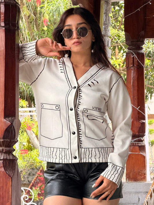 TANDUL Women White And Black Fleece Jacket