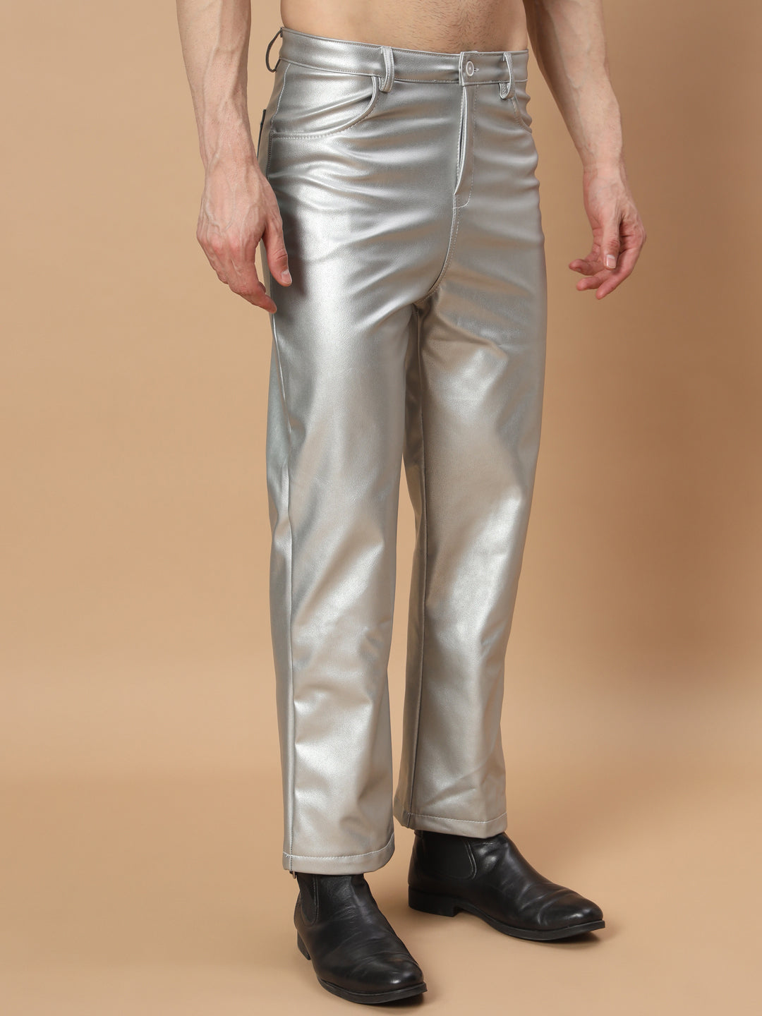 TANDUL Men Regular Fit Silver Faux Leather Trousers