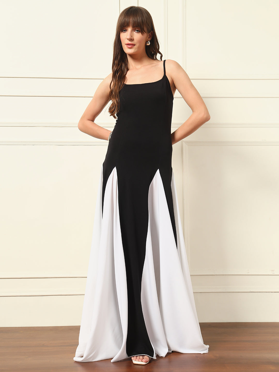 TANDUL Women Black and White Long Dress