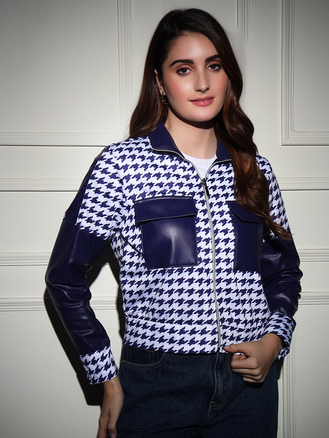 TANDUL Women Houndstooth Fleece Jacket