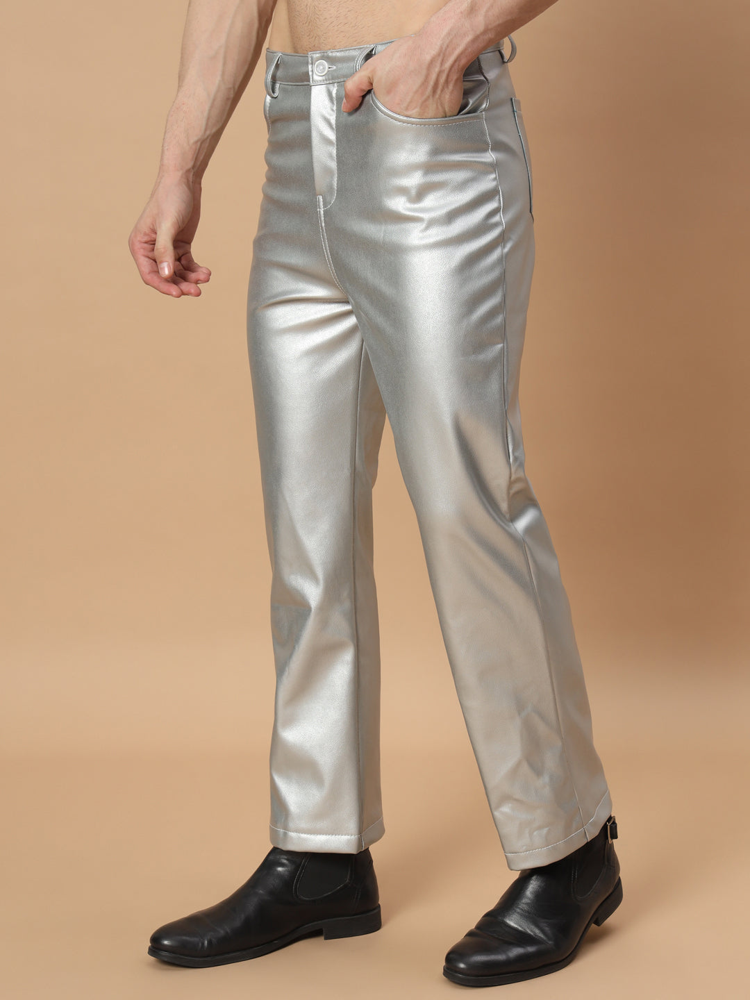 TANDUL Men Regular Fit Silver Faux Leather Trousers