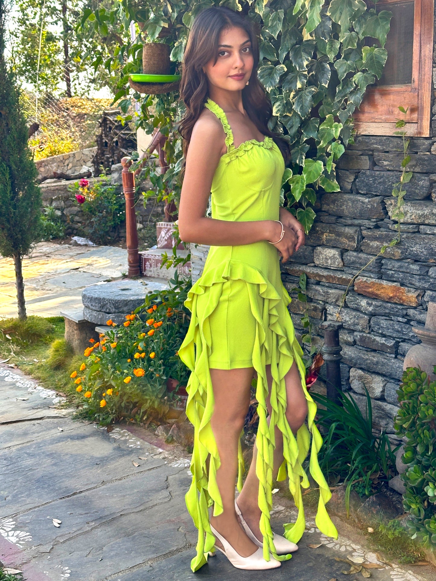 TANDUL Vibrant Neon Green Frills Dress